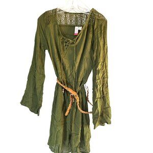 Womens Dress Green Belt Faux Leather  Lace Long  Sleeves Green Bo-Ho Size L 11-1